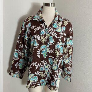 Foxcroft Womens Plus 14W Shaped Fit Brown Floral‎ Button Up Blouse Shirt Top
